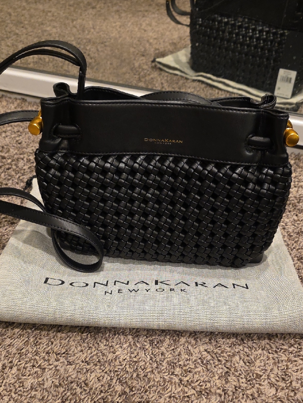 Donna Karan Black Woven Leather Crossbody with Gold Accents
